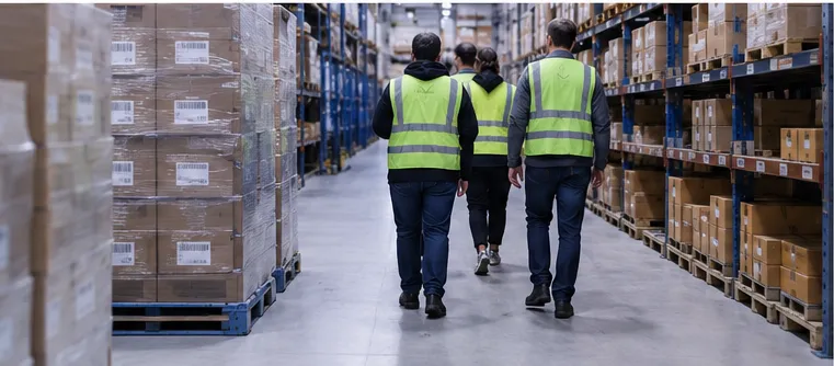 New-hire cohort walking the warehouse aisle