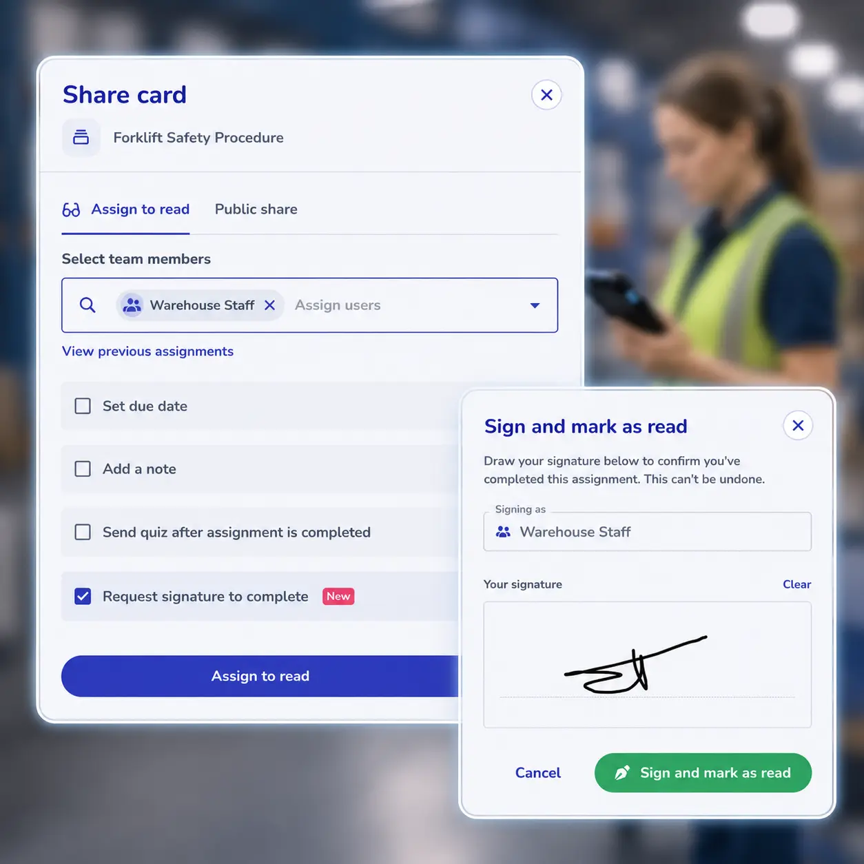 Assigning a forklift safety procedure to warehouse staff with a required signature, and a worker signing to mark it as read