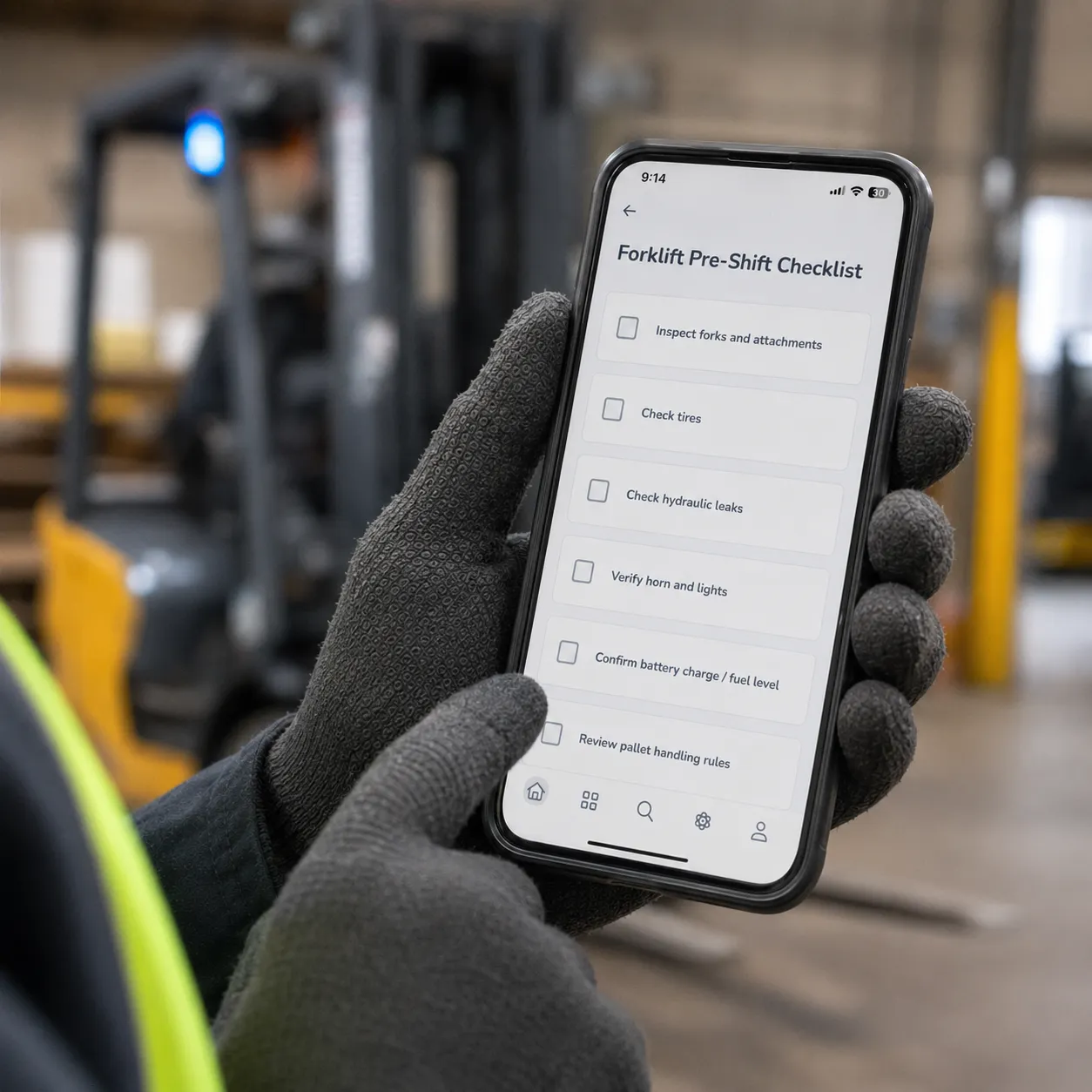 Forklift pre-shift checklist open on a phone in front of the forklift