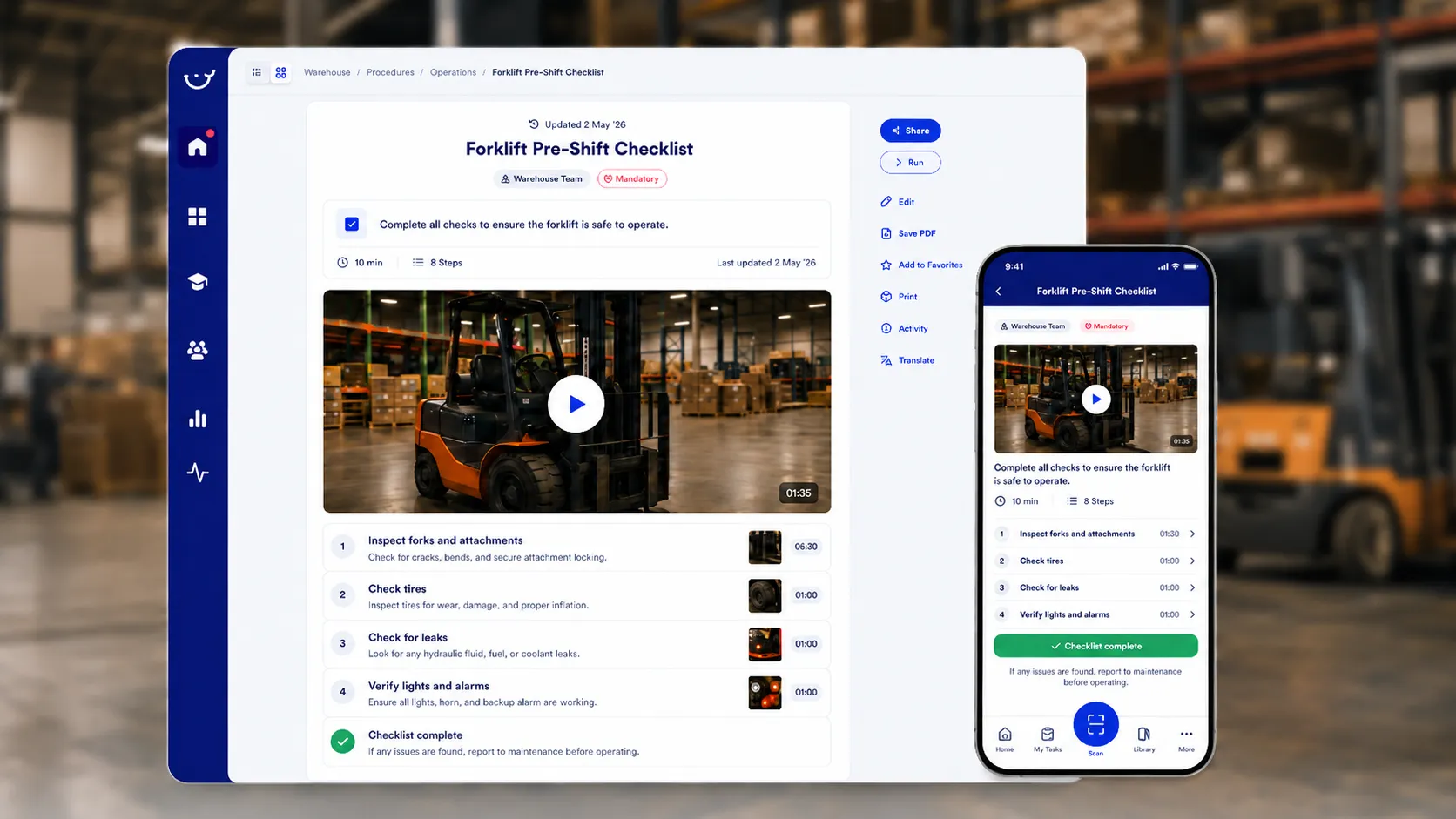 The Forklift Pre-Shift Checklist procedure open in Whale on desktop and on a worker's phone