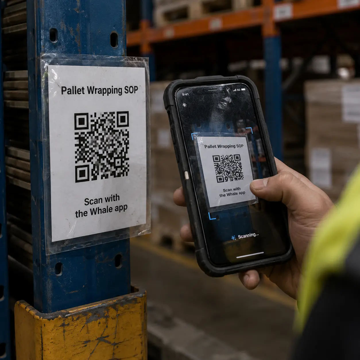 Scanning a QR code on the floor to open the current version of a procedure