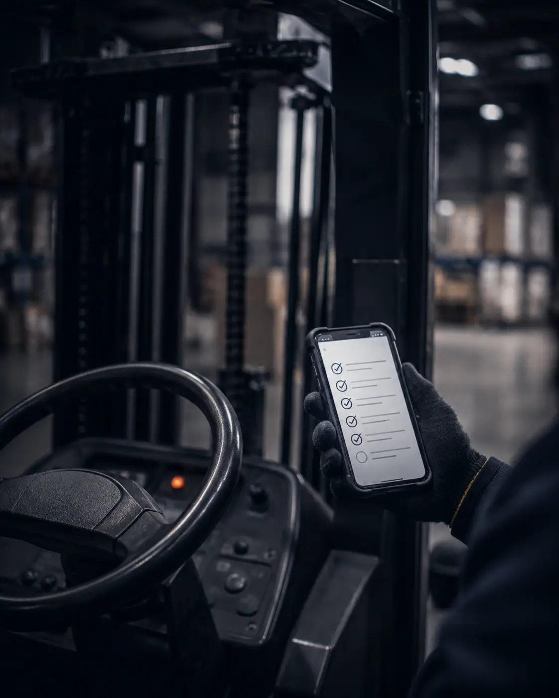 Pre-shift checklist on a phone at the forklift wheel