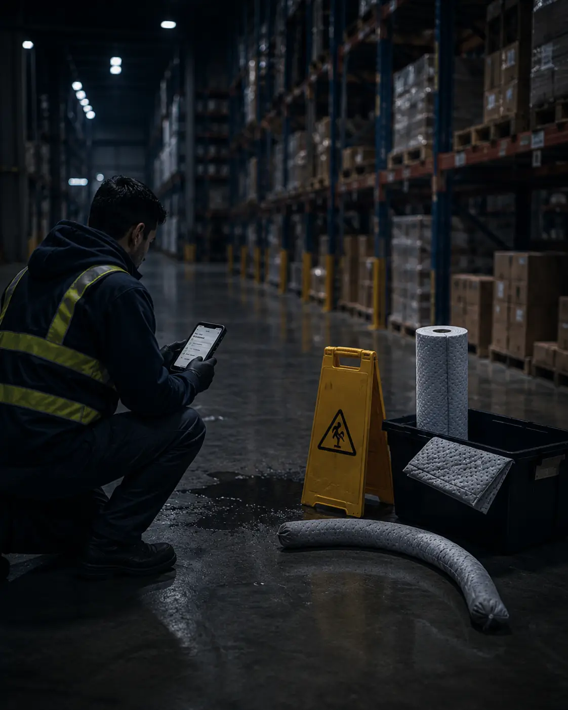 Worker at a spill with the response procedure open on a phone