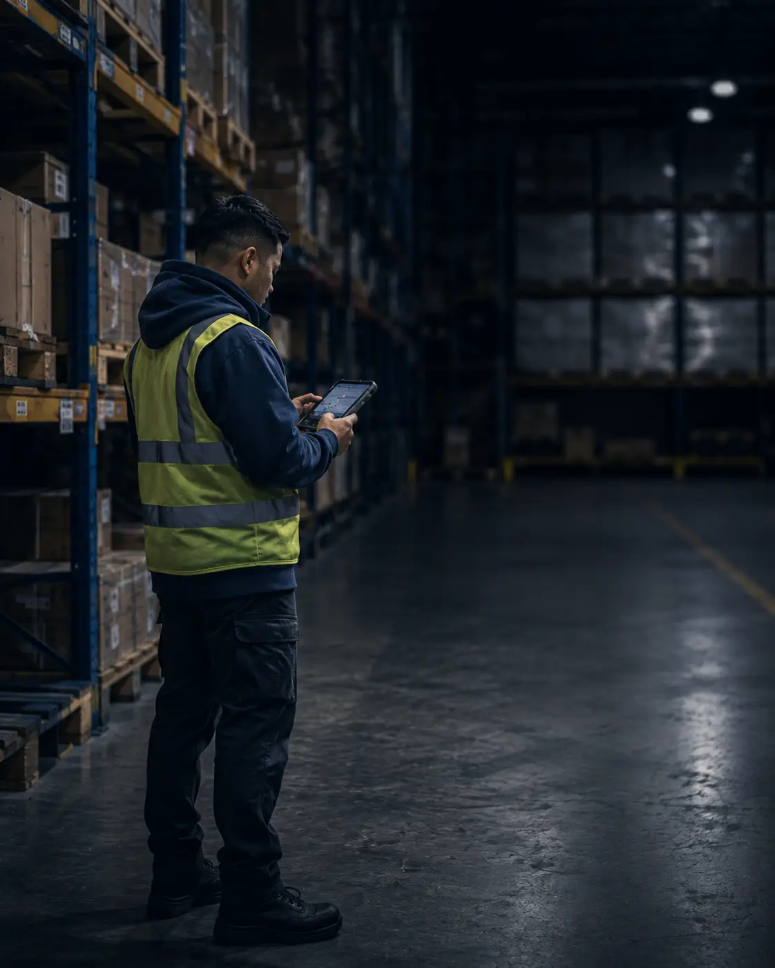 Worker checking a procedure on a device at the racking