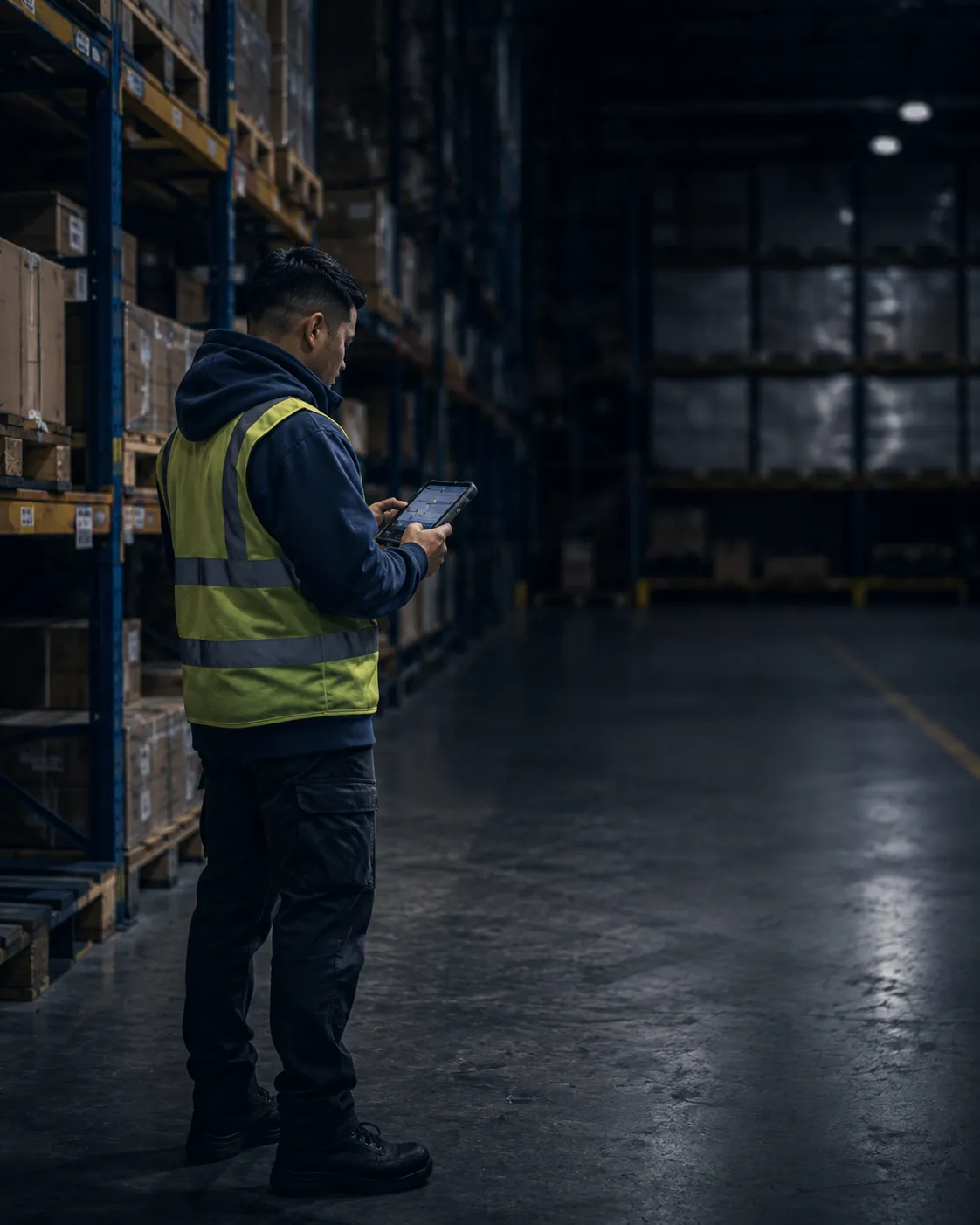 Worker checking a procedure on a device at the racking